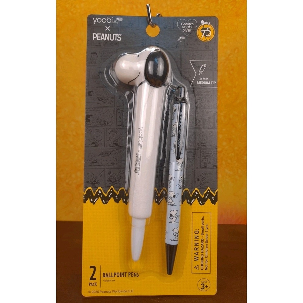 Peanuts Yoobi 2 Pack Ballpoint Black Pens 1.mm Medium Tip Snoopy Charlie Brown